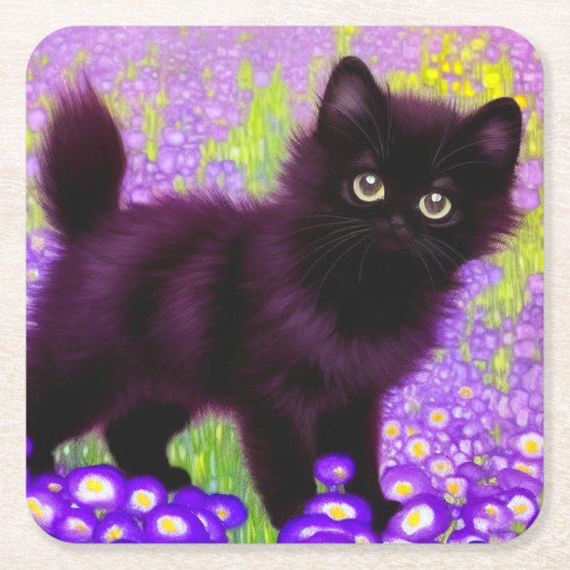 Gustav Klimt Black Kitten Square Paper Coaster (Front)