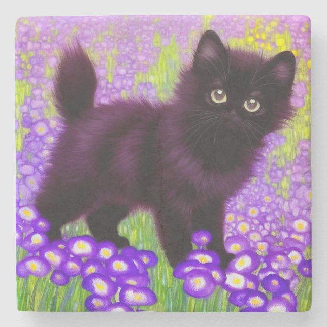 Gustav Klimt Black Kitten Stone Coaster (Front)