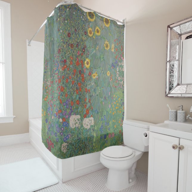 Gustav Klimt -Farm Garden with Sunflowers Fine Art Shower Curtain (In Situ)