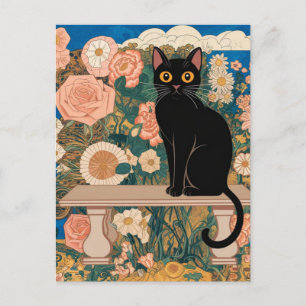 Gustav Klimt Floral Black Cat Altered Vintage Art Postcard