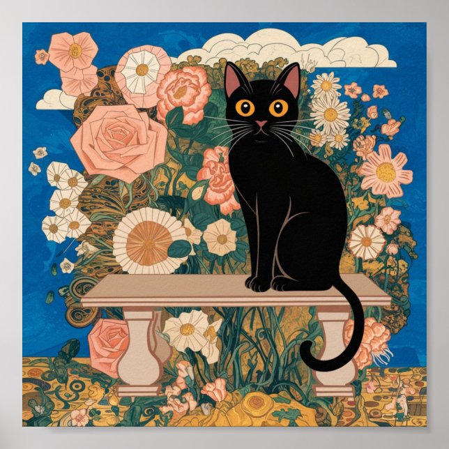 Gustav Klimt Floral Black Cat Altered Vintage Art Poster (Front)