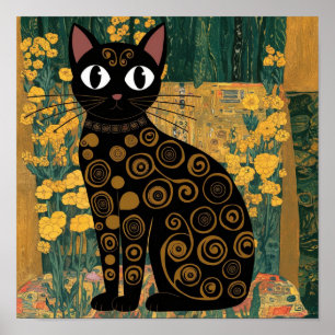 Gustav Klimt Floral Black Cat Altered Vintage Art Poster