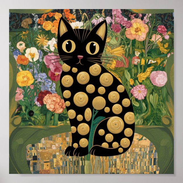 Gustav Klimt Floral Black Cat Modern Eclectic Art Poster (Front)