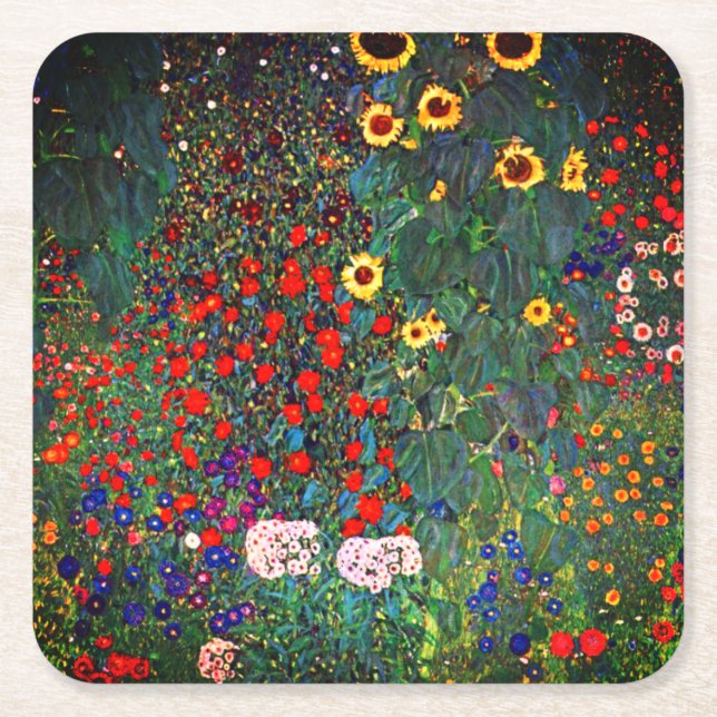 Gustav Klimt Flower Garden Square Paper Coaster (Front)