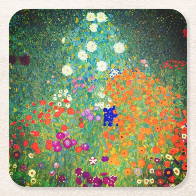 Gustav Klimt Flower Garden Square Paper Coaster (Front)