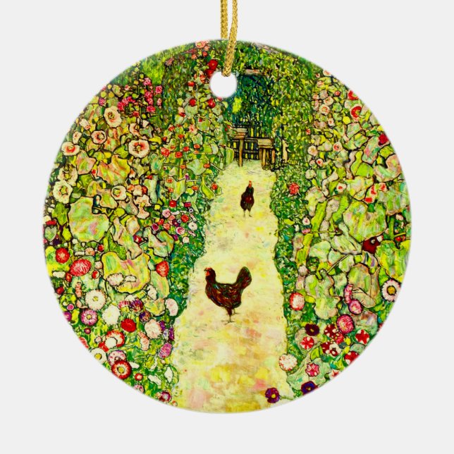 Gustav Klimt Garden with Chickens Ceramic Ornament (Front)