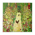 Gustav Klimt Garden with Chickens Ceramic Tile<br><div class="desc">Tile featuring Gustav Klimt’s oil painting Garden with Roosters (1917). Two brown chickens stand on a garden path. Beautiful pink,  red,  and white flowers bloom along the path. A great gift for fans of Art Nouveau and Austrian art.</div>