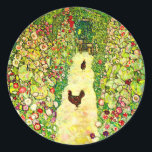 Gustav Klimt Garden with Chickens Classic Round Sticker<br><div class="desc">Stickers featuring Gustav Klimt’s oil painting Garden with Roosters (1917). Two brown chickens stand on a garden path. Beautiful pink,  red,  and white flowers bloom along the path. A great gift for fans of Art Nouveau and Austrian art.</div>