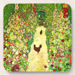 Gustav Klimt Garden with Chickens Coaster<br><div class="desc">Coasters featuring Gustav Klimt’s oil painting Garden with Roosters (1917). Two brown chickens stand on a garden path. Beautiful pink,  red,  and white flowers bloom along the path. A great gift for fans of Art Nouveau and Austrian art.</div>