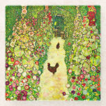 Gustav Klimt Garden with Chickens Glass Coaster<br><div class="desc">Glass Coaster featuring Gustav Klimt’s oil painting Garden with Roosters (1917). Two brown chickens stand on a garden path. Beautiful pink,  red,  and white flowers bloom along the path. A great gift for fans of Art Nouveau and Austrian art.</div>
