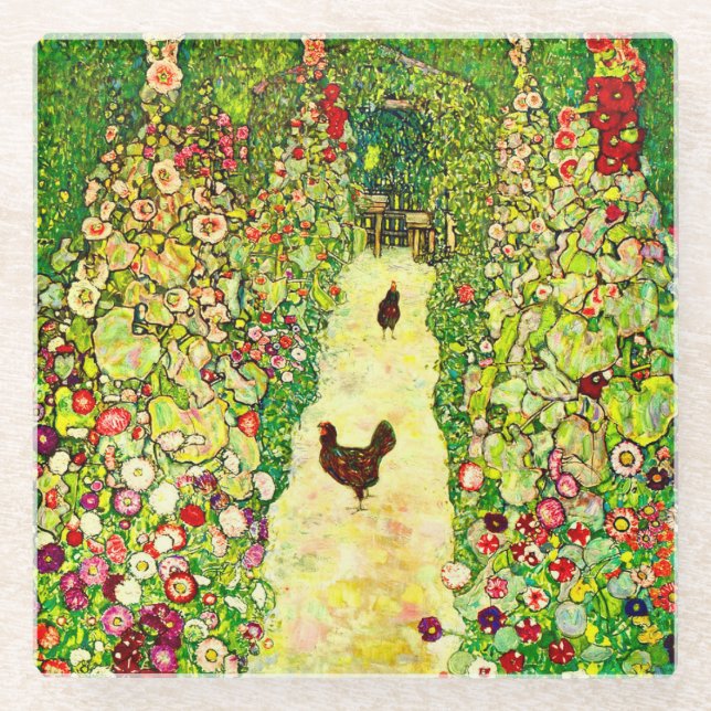 Gustav Klimt Garden with Chickens Glass Coaster (Front)