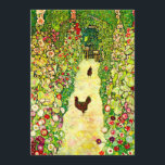 Gustav Klimt Garden with Chickens Invitation<br><div class="desc">Card featuring Gustav Klimt’s oil painting Garden with Roosters (1917). Two brown chickens stand on a garden path. Beautiful pink,  red,  and white flowers bloom along the path. A great gift for fans of Art Nouveau and Austrian art.</div>