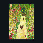Gustav Klimt Garden with Chickens Invitation<br><div class="desc">Card featuring Gustav Klimt’s oil painting Garden with Roosters (1917). Two brown chickens stand on a garden path. Beautiful pink,  red,  and white flowers bloom along the path. A great gift for fans of Art Nouveau and Austrian art.</div>