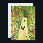 Gustav Klimt Garden with Chickens Invitation<br><div class="desc">Card featuring Gustav Klimt’s oil painting Garden with Roosters (1917). Two brown chickens stand on a garden path. Beautiful pink,  red,  and white flowers bloom along the path. A great gift for fans of Art Nouveau and Austrian art.</div>