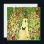 Gustav Klimt Garden with Chickens Invitation<br><div class="desc">Card featuring Gustav Klimt’s oil painting Garden with Roosters (1917). Two brown chickens stand on a garden path. Beautiful pink,  red,  and white flowers bloom along the path. A great gift for fans of Art Nouveau and Austrian art.</div>