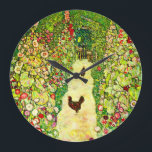 Gustav Klimt Garden with Chickens Large Clock<br><div class="desc">Clock featuring Gustav Klimt’s oil painting Garden with Roosters (1917). Two brown chickens stand on a garden path. Beautiful pink,  red,  and white flowers bloom along the path. A great gift for fans of Art Nouveau and Austrian art.</div>