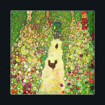 Gustav Klimt Garden with Chickens Magnet<br><div class="desc">Magnet featuring Gustav Klimt’s oil painting Garden with Roosters (1917). Two brown chickens stand on a garden path. Beautiful pink,  red,  and white flowers bloom along the path. A great gift for fans of Art Nouveau and Austrian art.</div>