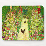 Gustav Klimt Garden with Chickens Mouse Pad<br><div class="desc">Mouse Pad featuring Gustav Klimt’s oil painting Garden with Roosters (1917). Two brown chickens stand on a garden path. Beautiful pink,  red,  and white flowers bloom along the path. A great gift for fans of Art Nouveau and Austrian art.</div>