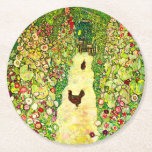 Gustav Klimt Garden with Chickens Round Paper Coaster<br><div class="desc">Paper Coaster featuring Gustav Klimt’s oil painting Garden with Roosters (1917). Two brown chickens stand on a garden path. Beautiful pink,  red,  and white flowers bloom along the path. A great gift for fans of Art Nouveau and Austrian art.</div>