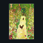 Gustav Klimt Garden with Chickens RSVP Card<br><div class="desc">Card featuring Gustav Klimt’s oil painting Garden with Roosters (1917). Two brown chickens stand on a garden path. Beautiful pink,  red,  and white flowers bloom along the path. A great gift for fans of Art Nouveau and Austrian art.</div>