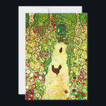 Gustav Klimt Garden with Chickens Save The Date<br><div class="desc">Card featuring Gustav Klimt’s oil painting Garden with Roosters (1917). Two brown chickens stand on a garden path. Beautiful pink,  red,  and white flowers bloom along the path. A great gift for fans of Art Nouveau and Austrian art.</div>