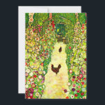 Gustav Klimt Garden with Chickens Save The Date<br><div class="desc">Card featuring Gustav Klimt’s oil painting Garden with Roosters (1917). Two brown chickens stand on a garden path. Beautiful pink,  red,  and white flowers bloom along the path. A great gift for fans of Art Nouveau and Austrian art.</div>