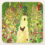 Gustav Klimt Garden with Chickens Square Paper Coaster<br><div class="desc">Paper Coasters featuring Gustav Klimt’s oil painting Garden with Roosters (1917). Two brown chickens stand on a garden path. Beautiful pink,  red,  and white flowers bloom along the path. A great gift for fans of Art Nouveau and Austrian art.</div>