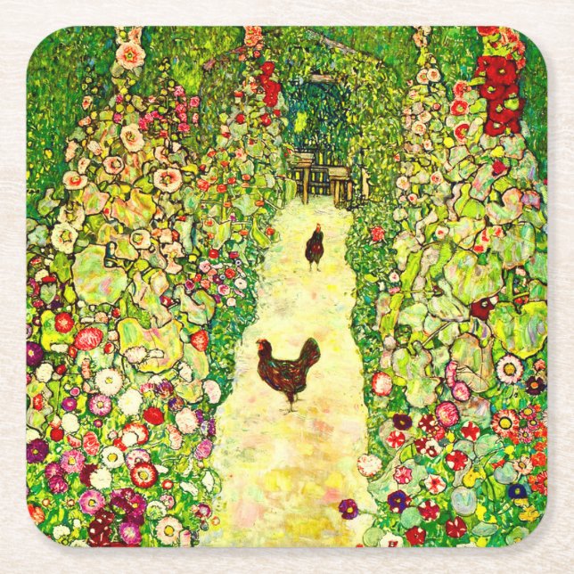 Gustav Klimt Garden with Chickens Square Paper Coaster (Front)