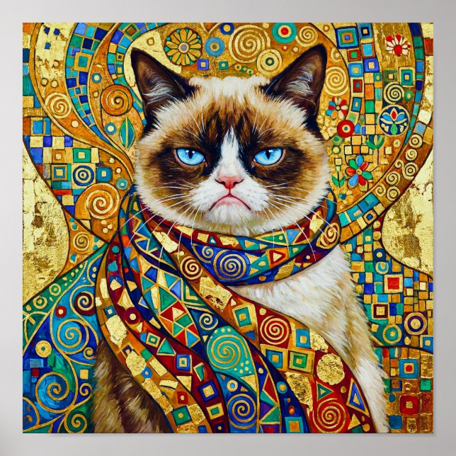 Gustav Klimt Grumpy Cat with Blue Eyes Poster (Front)