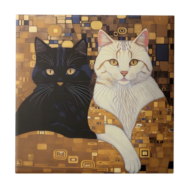 Gustav Klimt Inspired Two Cats In Bed Ceramic Tile (Front)