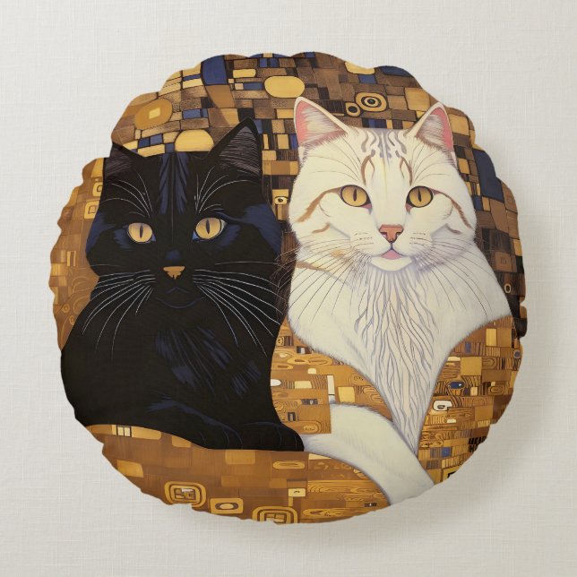 Gustav Klimt Inspired Two Cats In Bed Round Cushion (Front)