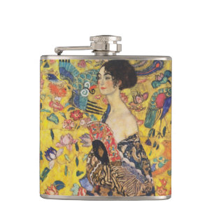 Gustav Klimt Lady With Fan Art Nouveau Painting Hip Flask