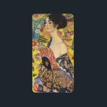 Gustav Klimt Lady With Fan Art Nouveau Painting Label<br><div class="desc">Gustav Klimt Lady With Fan Art Nouveau Painting This half portrait of a beautiful woman shows a yellow background with asiatic ornaments, colourful birds and lotus flowers. The lady wears a dress in the style of a kimono imprinted with motives of a Chinese dragon dress. Beautiful artistic romantic decorative fine...</div>