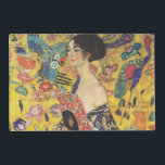 Gustav Klimt Lady With Fan Art Nouveau Painting Laminated Placemat<br><div class="desc">Gustav Klimt Lady With Fan Art Nouveau Painting This half portrait of a beautiful woman shows a yellow background with asiatic ornaments, colourful birds and lotus flowers. The lady wears a dress in the style of a kimono imprinted with motives of a Chinese dragon dress. Beautiful artistic romantic decorative fine...</div>