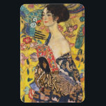 Gustav Klimt Lady With Fan Art Nouveau Painting Magnet<br><div class="desc">Gustav Klimt Lady With Fan Art Nouveau Painting This half portrait of a beautiful woman shows a yellow background with asiatic ornaments, colourful birds and lotus flowers. The lady wears a dress in the style of a kimono imprinted with motives of a Chinese dragon dress. Beautiful artistic romantic decorative fine...</div>