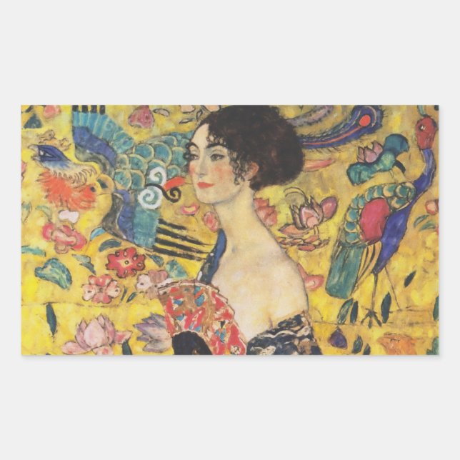 Gustav Klimt Lady With Fan Art Nouveau Painting Rectangular Sticker (Front)