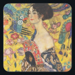 Gustav Klimt Lady With Fan Art Nouveau Painting Square Sticker<br><div class="desc">Gustav Klimt Lady With Fan Art Nouveau Painting This half portrait of a beautiful woman shows a yellow background with asiatic ornaments, colourful birds and lotus flowers. The lady wears a dress in the style of a kimono imprinted with motives of a Chinese dragon dress. Beautiful artistic romantic decorative fine...</div>