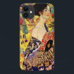 Gustav Klimt Lady with Fan iPhone 11 Case<br><div class="desc">iPhone Case featuring Gustav Klimt’s oil painting Lady with Fan (1918). A woman wearing a blue kimono holds a red fan against a colourful yellow background of flowers and peacocks. A great gift for fans of Japonisme and European art.</div>