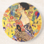 Gustav Klimt Lady with Fan Coaster<br><div class="desc">Sandstone Coaster featuring Gustav Klimt’s oil painting Lady with Fan (1918). A woman wearing a blue kimono holds a red fan against a colourful yellow background of flowers and peacocks. A great gift for fans of Japonisme and European art.</div>