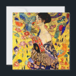 Gustav Klimt Lady with Fan Invitation<br><div class="desc">Card featuring Gustav Klimt’s oil painting Lady with Fan (1918). A woman wearing a blue kimono holds a red fan against a colourful yellow background of flowers and peacocks. A great gift for fans of Japonisme and European art.</div>