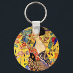 Gustav Klimt Lady with Fan Key Ring<br><div class="desc">Keychain featuring Gustav Klimt’s oil painting Lady with Fan (1918). A woman wearing a blue kimono holds a red fan against a colourful yellow background of flowers and peacocks. A great gift for fans of Japonisme and European art.</div>