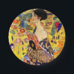 Gustav Klimt Lady with Fan Paper Plate<br><div class="desc">Paper Plates featuring Gustav Klimt’s oil painting Lady with Fan (1918). A woman wearing a blue kimono holds a red fan against a colourful yellow background of flowers and peacocks. A great gift for fans of Japonisme and European art.</div>