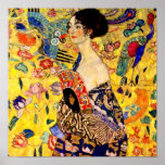 Gustav Klimt Lady with Fan Poster<br><div class="desc">Poster featuring Gustav Klimt’s oil painting Lady with Fan (1918). A woman wearing a blue kimono holds a red fan against a colourful yellow background of flowers and peacocks. A great gift for fans of Japonisme and European art.</div>