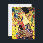 Gustav Klimt Lady with Fan RSVP Card<br><div class="desc">Card featuring Gustav Klimt’s oil painting Lady with Fan (1918). A woman wearing a blue kimono holds a red fan against a colourful yellow background of flowers and peacocks. A great gift for fans of Japonisme and European art.</div>