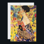 Gustav Klimt Lady with Fan Save The Date<br><div class="desc">Card featuring Gustav Klimt’s oil painting Lady with Fan (1918). A woman wearing a blue kimono holds a red fan against a colourful yellow background of flowers and peacocks. A great gift for fans of Japonisme and European art.</div>
