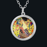 Gustav Klimt Lady with Fan Silver Plated Necklace<br><div class="desc">Necklace featuring Gustav Klimt’s oil painting Lady with Fan (1918). A woman wearing a blue kimono holds a red fan against a colourful yellow background of flowers and peacocks. A great gift for fans of Japonisme and European art.</div>