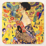 Gustav Klimt Lady with Fan Square Paper Coaster<br><div class="desc">Paper Coasters featuring Gustav Klimt’s oil painting Lady with Fan (1918). A woman wearing a blue kimono holds a red fan against a colourful yellow background of flowers and peacocks. A great gift for fans of Japonisme and European art.</div>