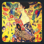 Gustav Klimt Lady with Fan Square Sticker<br><div class="desc">Stickers featuring Gustav Klimt’s oil painting Lady with Fan (1918). A woman wearing a blue kimono holds a red fan against a colourful yellow background of flowers and peacocks. A great gift for fans of Japonisme and European art.</div>