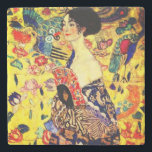 Gustav Klimt Lady with Fan Stone Coaster<br><div class="desc">Stone Coaster featuring Gustav Klimt’s oil painting Lady with Fan (1918). A woman wearing a blue kimono holds a red fan against a colourful yellow background of flowers and peacocks. A great gift for fans of Japonisme and European art.</div>