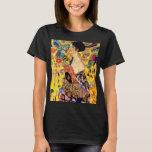 Gustav Klimt Lady with Fan T-Shirt<br><div class="desc">T-Shirt featuring Gustav Klimt’s oil painting Lady with Fan (1918). A woman wearing a blue kimono holds a red fan against a colourful yellow background of flowers and peacocks. A great gift for fans of Japonisme and European art.</div>